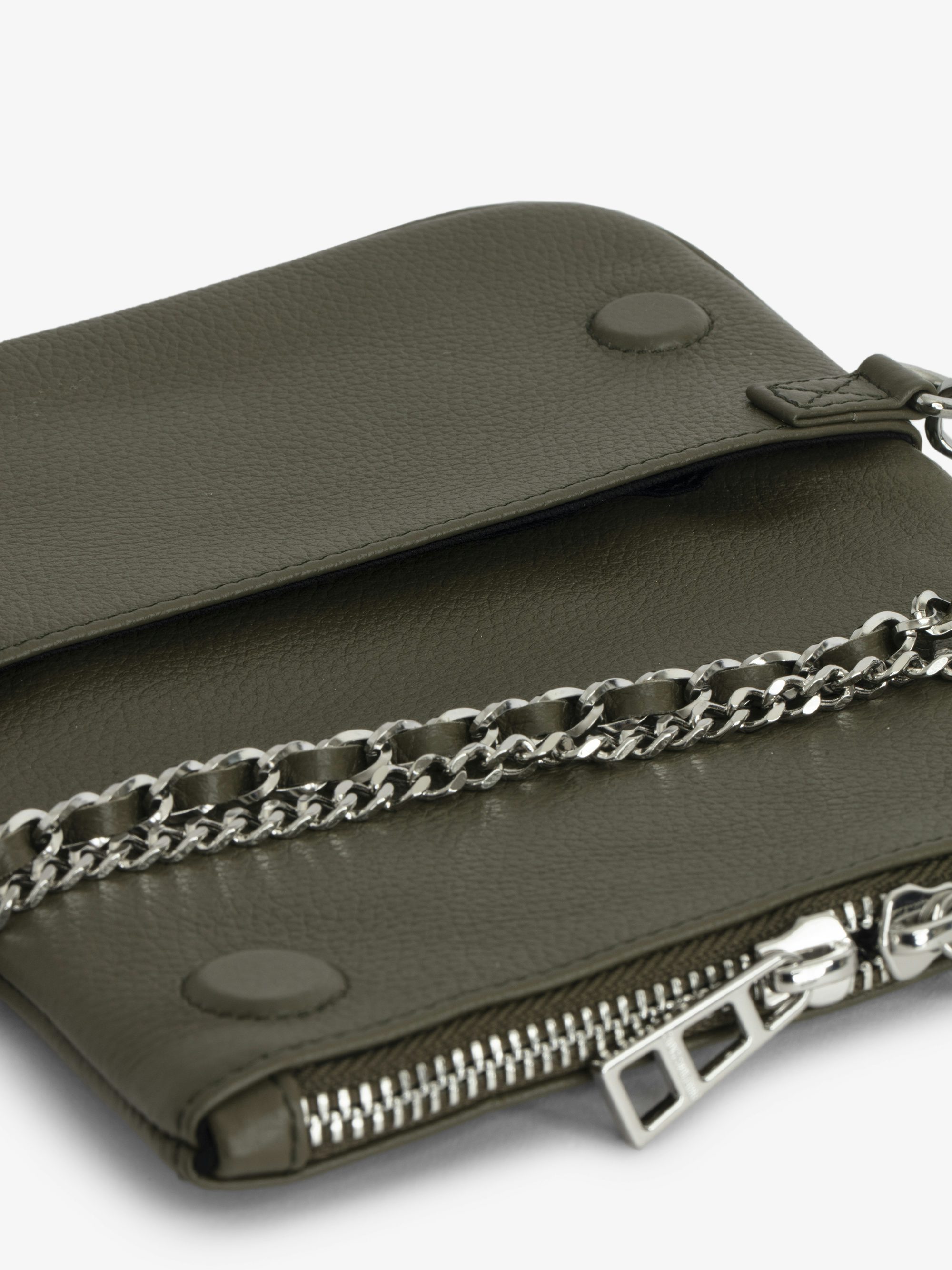 Rock Nano Clutch - Small khaki grain leather clutch with double chain and rhinestone wings.